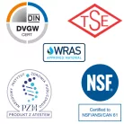 Medzinárodné certifikáty a schválenia tesniaceho prípravku na potrubné závity EMS Force 5543 pre systémy pitnej vody a priemyselné aplikácie.