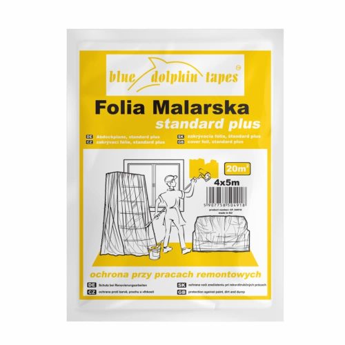 Blue Dolphin pochôdzna krycia fólia 15 mikrónov, 4 m × 5 m (20 m²) – Standard Plus maliarska fólia na rekonštrukcie
