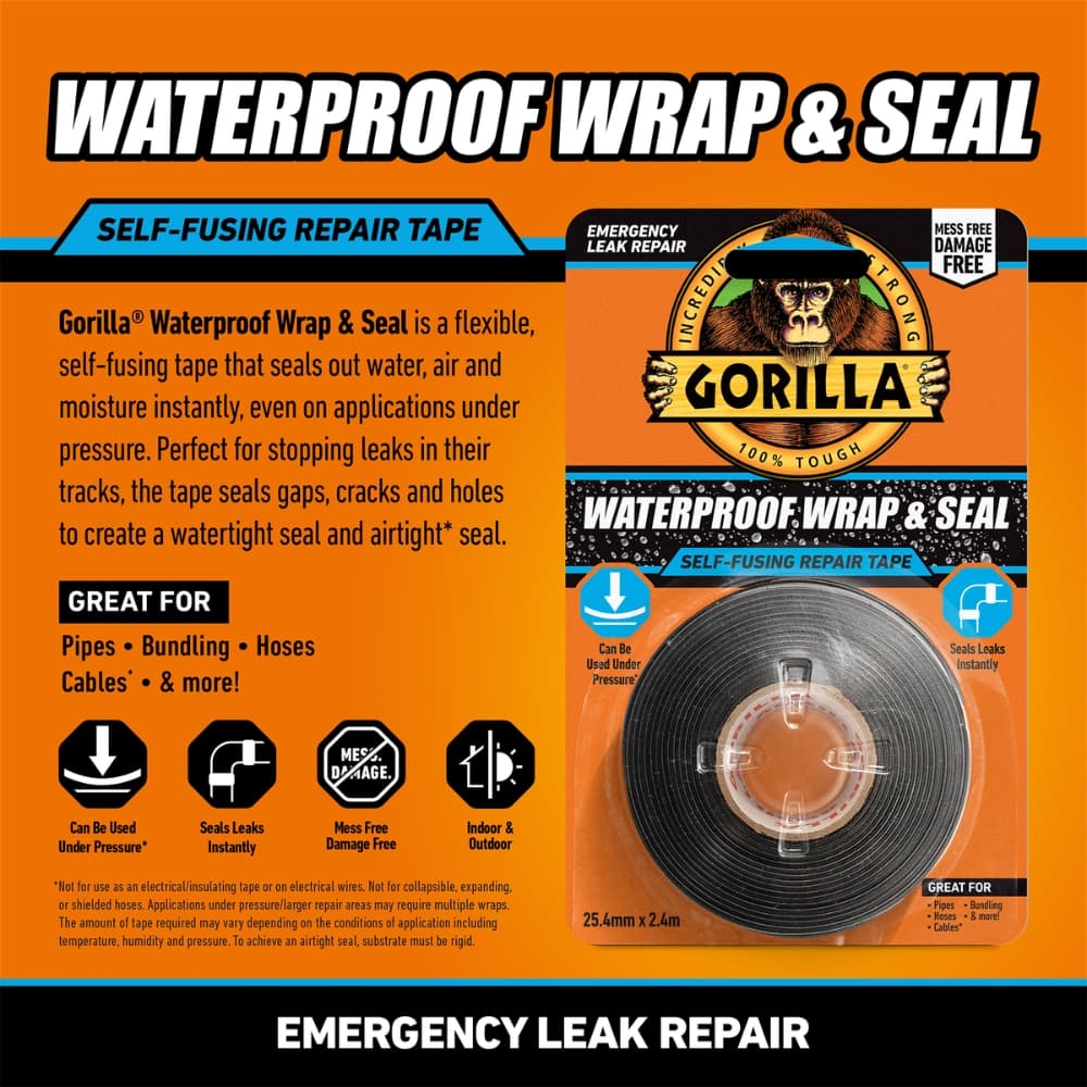 Gorilla Waterproof Wrap & Seal samovulkanizačná páska: okamžité vodotesné a vzduchotesné tesnenie aj pod tlakom. Flexibilná, teplotne odolná -57 °C až 260 °C, rýchla aplikácia bez nečistôt.