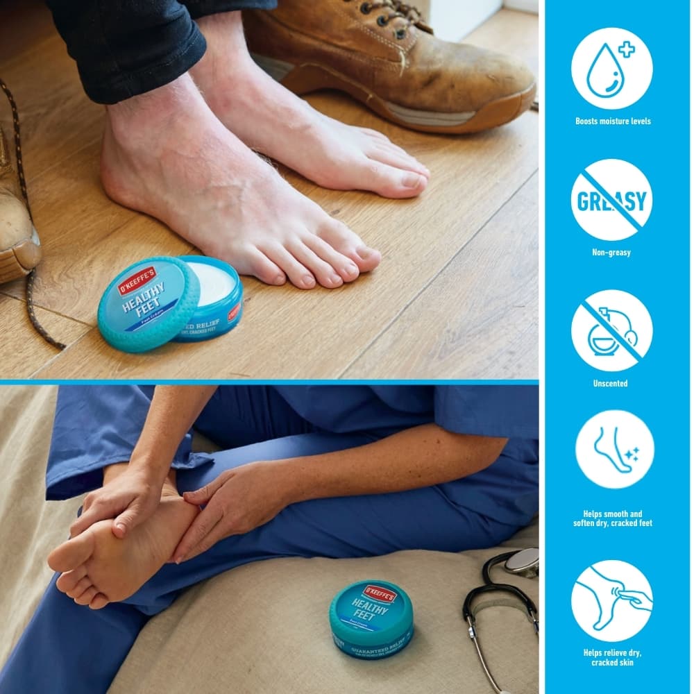 Používanie krému na nohy O’Keeffe’s Healthy Feet pomáha dosiahnuť hydratované pokožku chodidiel bez prasklín. Nemastná a neparfumovaná formula sa rýchlo vstrebáva a je ideálna na každodennú starostlivosť